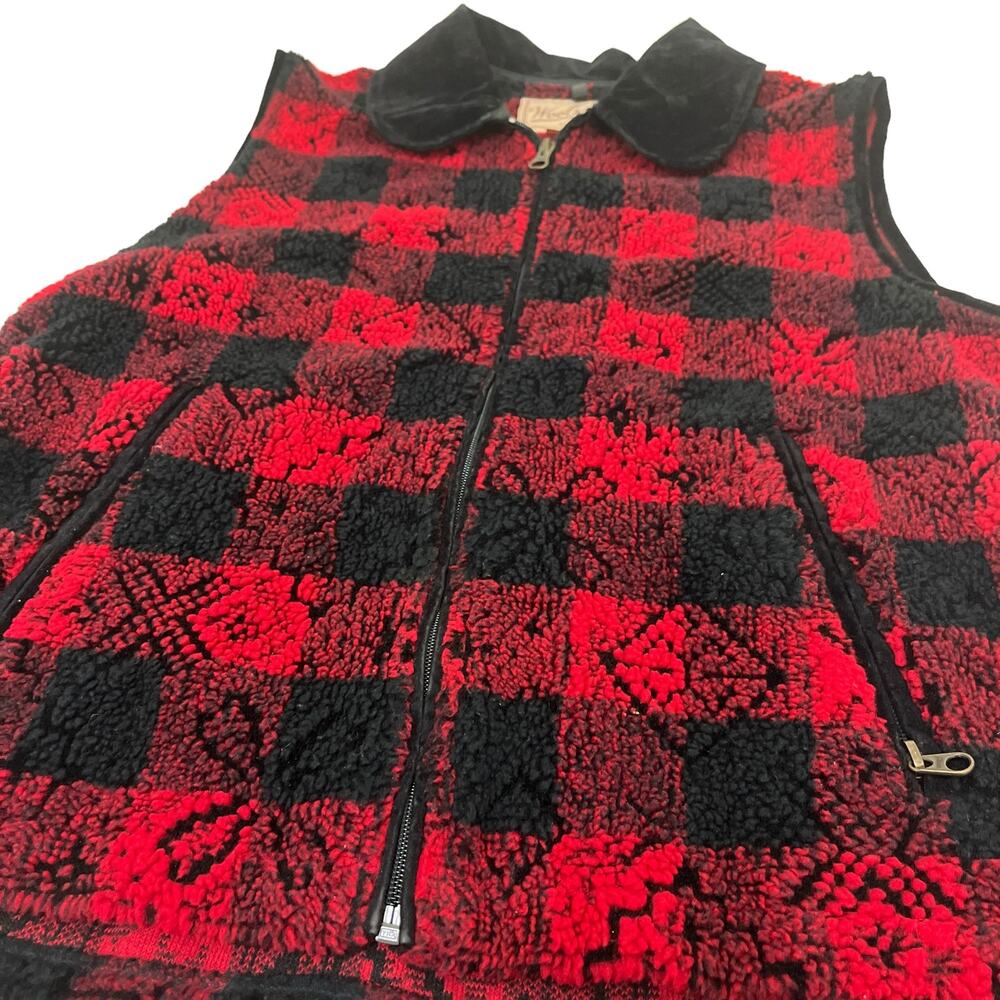 Woolrich Fleece Vest Buffalo Check Women’s Sz M Collar Zip Red Black Outerwear - Picture 2 of 12